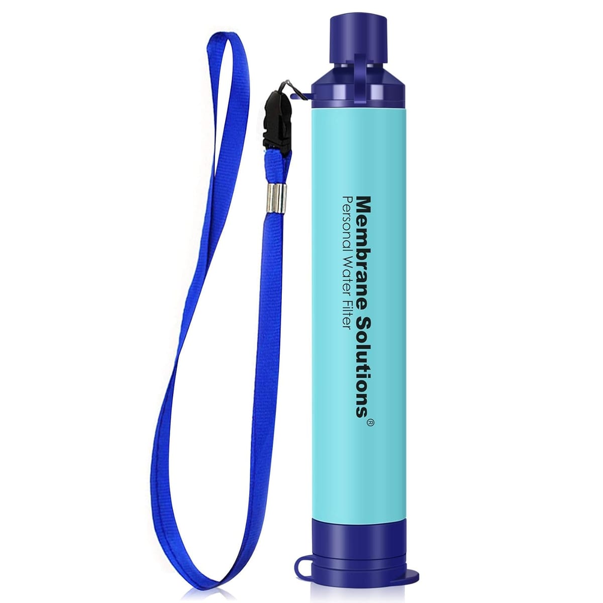 Light blue water filter straw with dark blue caps and a blue lanyard
